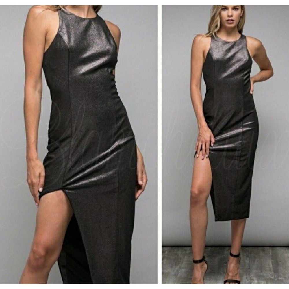 Do+Be Metallic Side Slit Midi Sleeveless Dress Size Medium New